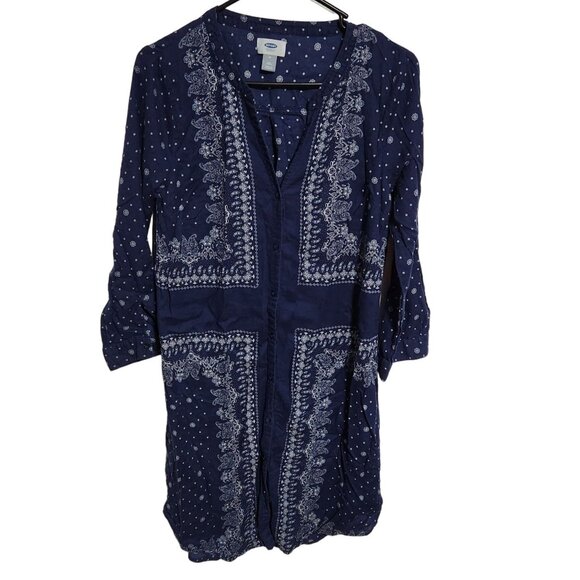 Old Navy Bandana Print Dress Womens Medium Boho Blue Long Sleeve Button Front - Picture 1 of 3
